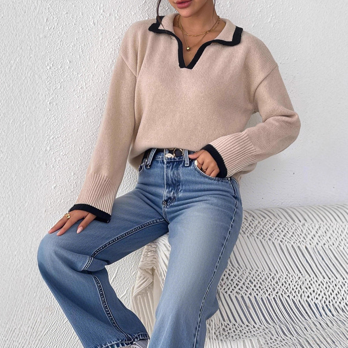 Notch-collar Color-block Patchwork Pullover Sweater