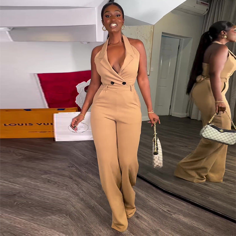 Backless Halter High-Waist Casual Pocket Jumpsuit