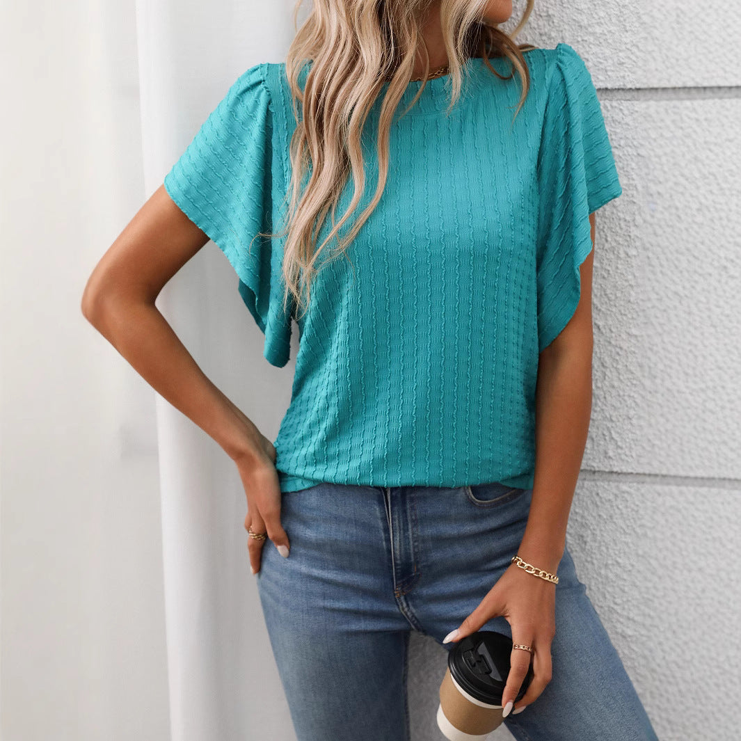 Women's Solid Color Ruffle Sleeve Loose Fit Short‑Sleeve Tee