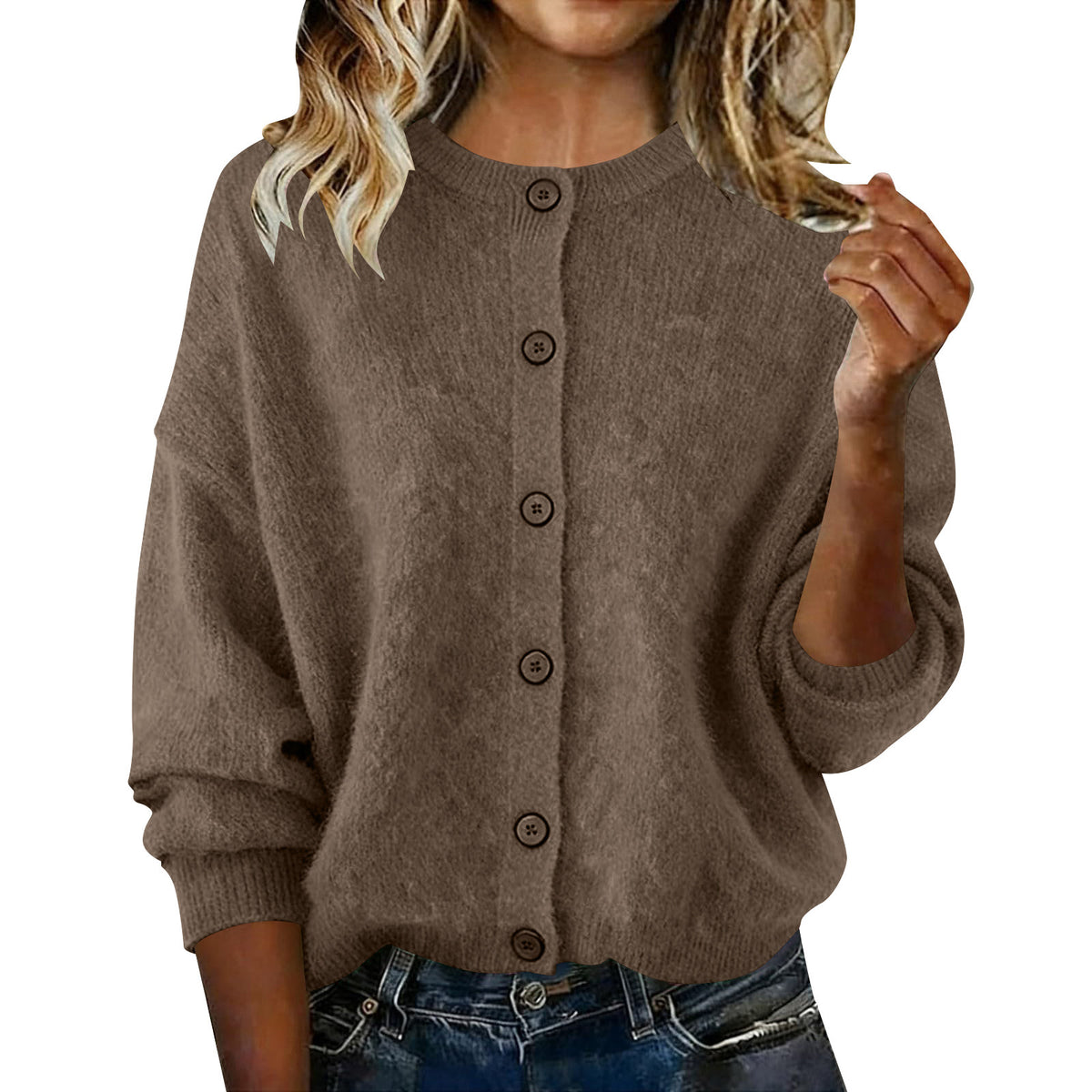 Solid-color Casual Chic Round-neck Long-sleeve Knit Cardigan