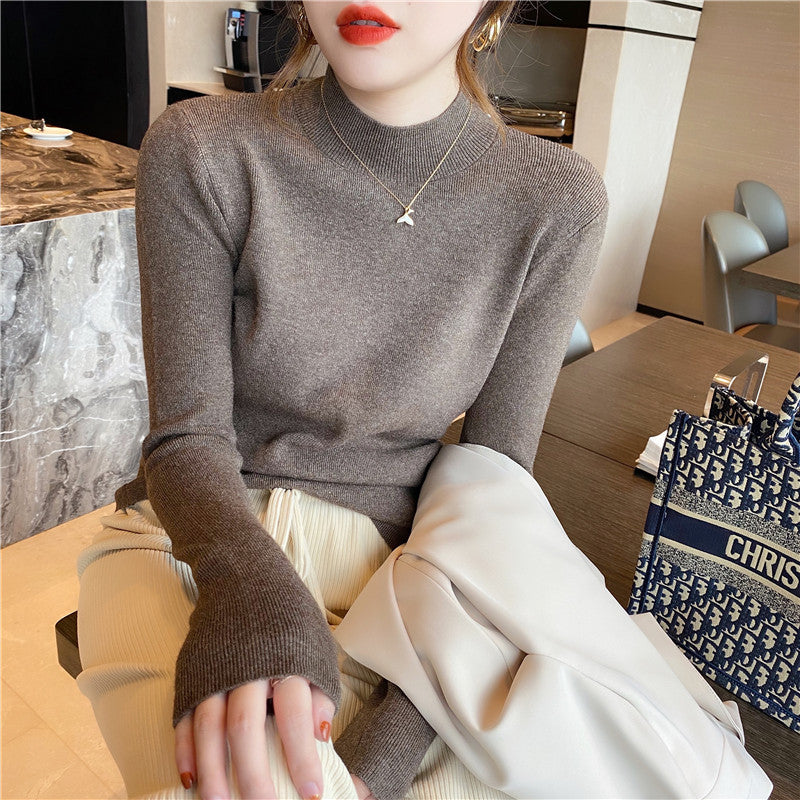 Womens Solid-color Casual Mock-neck Sweater