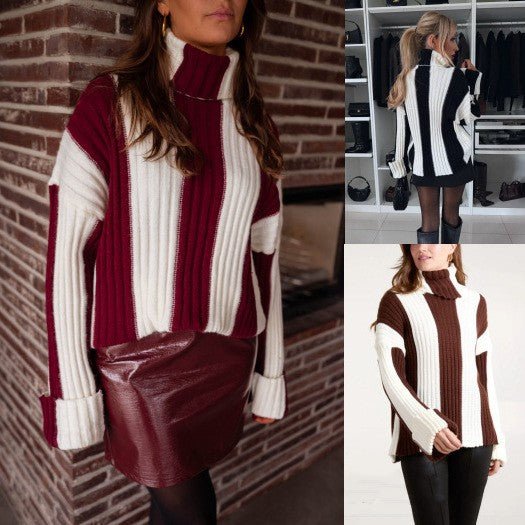 Women's Patchwork Turtleneck Long-sleeved Sweater