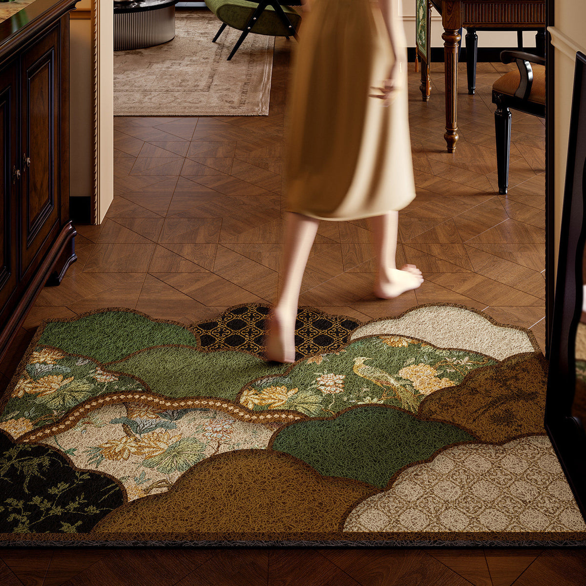 Chinese Retro Cut-to-Fit Entry Doormat - Washable, Elegant Floral Designs