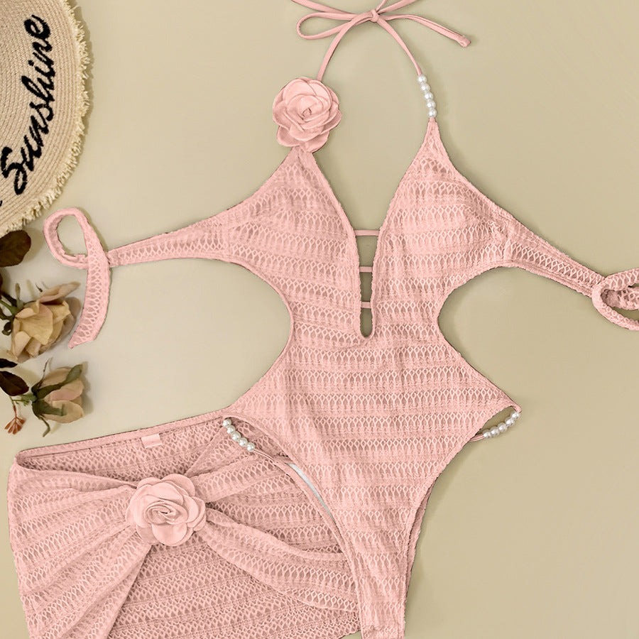 Sexy White Floral Lace-Up One-Piece Swimsuit