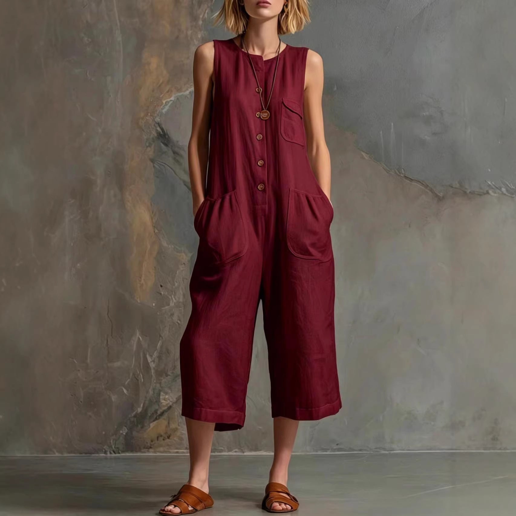 Retro Cotton-Linen Wide-Leg Cropped Jumpsuit