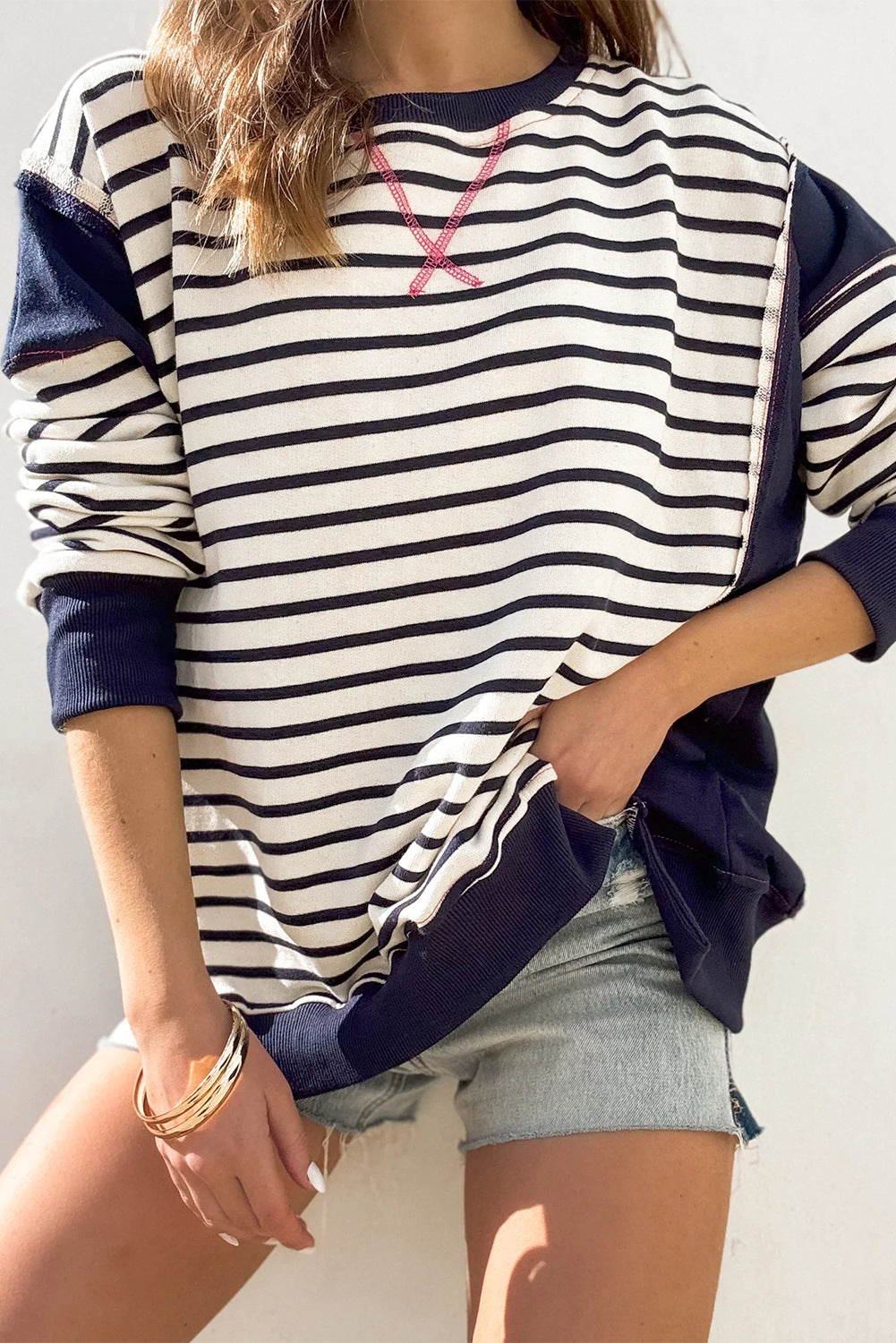 Colorblock Striped Long Sleeve Casual Pullover Sweatshirt