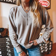 Gray Embroidered Rib-Knit Long-Sleeve Sweatshirt – Cozy Street Style