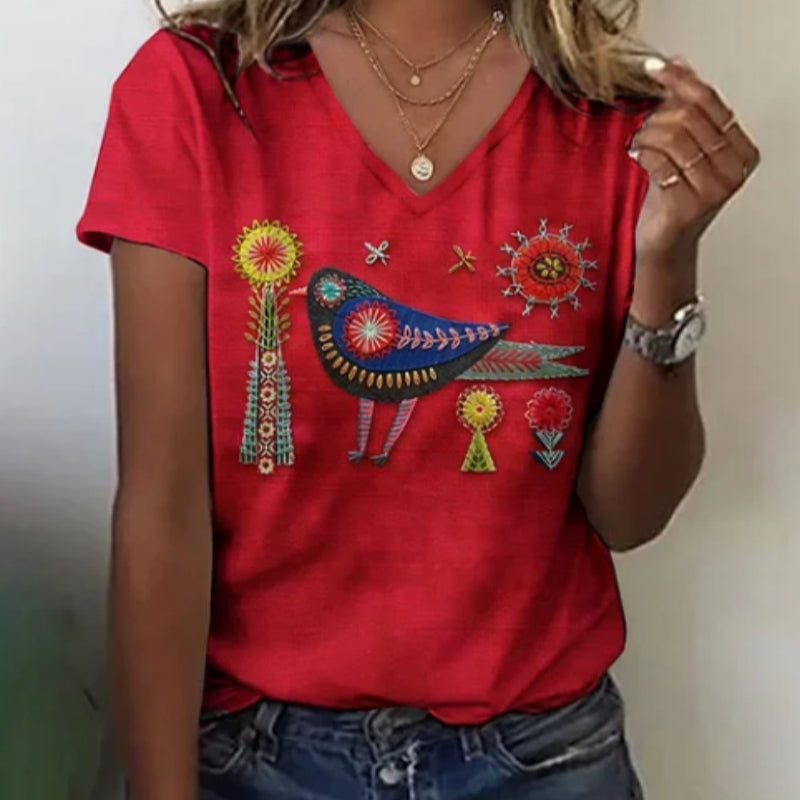 Floral Bird Embroidered V-Neck Tee – Soft, Short-Sleeve Women's Shirt