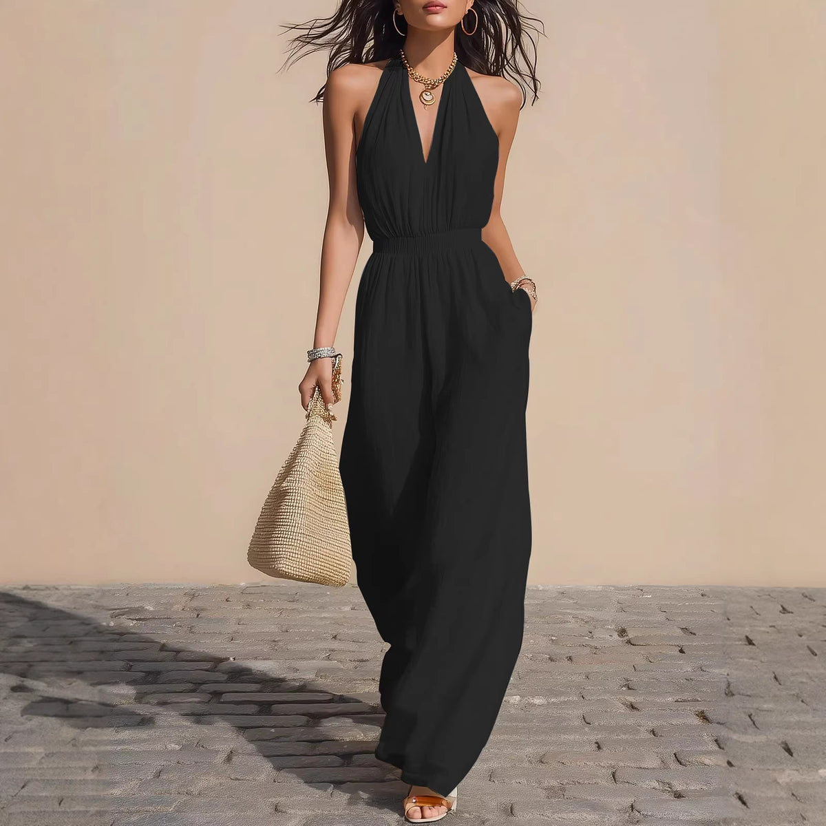 Women's V-Neck Halter Wide-Leg Casual Jumpsuit