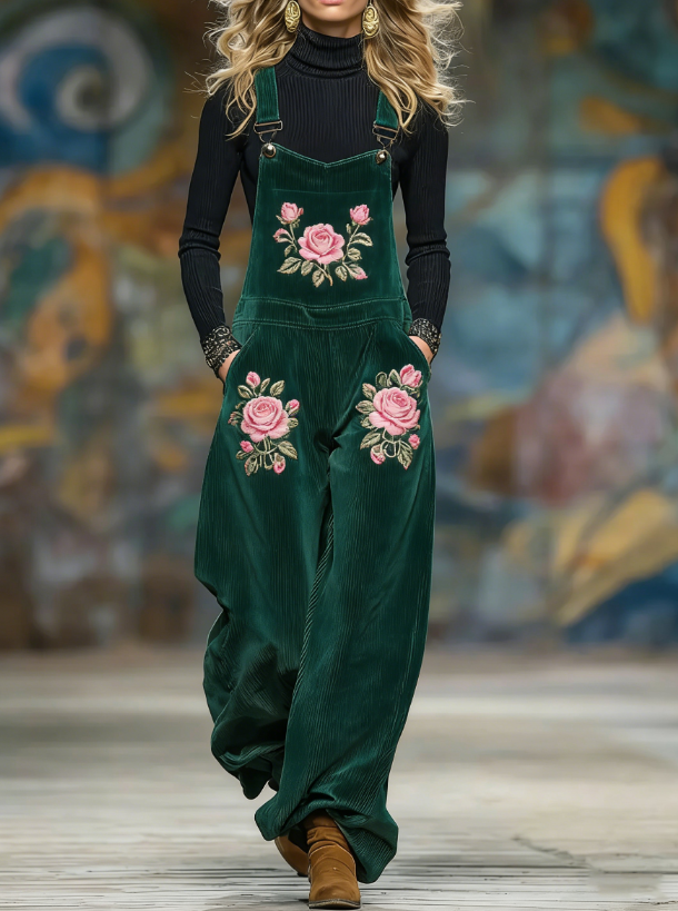 Corduroy Rose Embroidered Wide-Leg Overalls