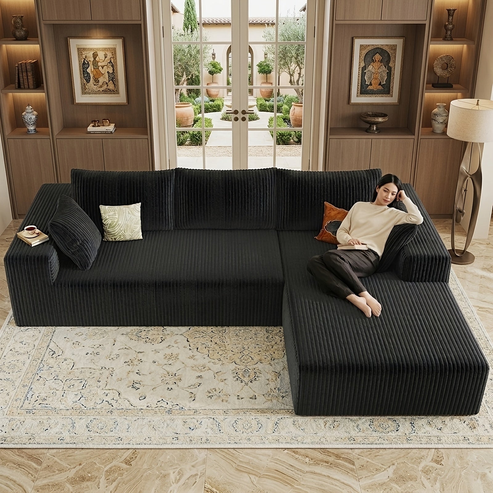 Modular L-shaped chaise longue sofa bed with deep seat and corduroy upholstery