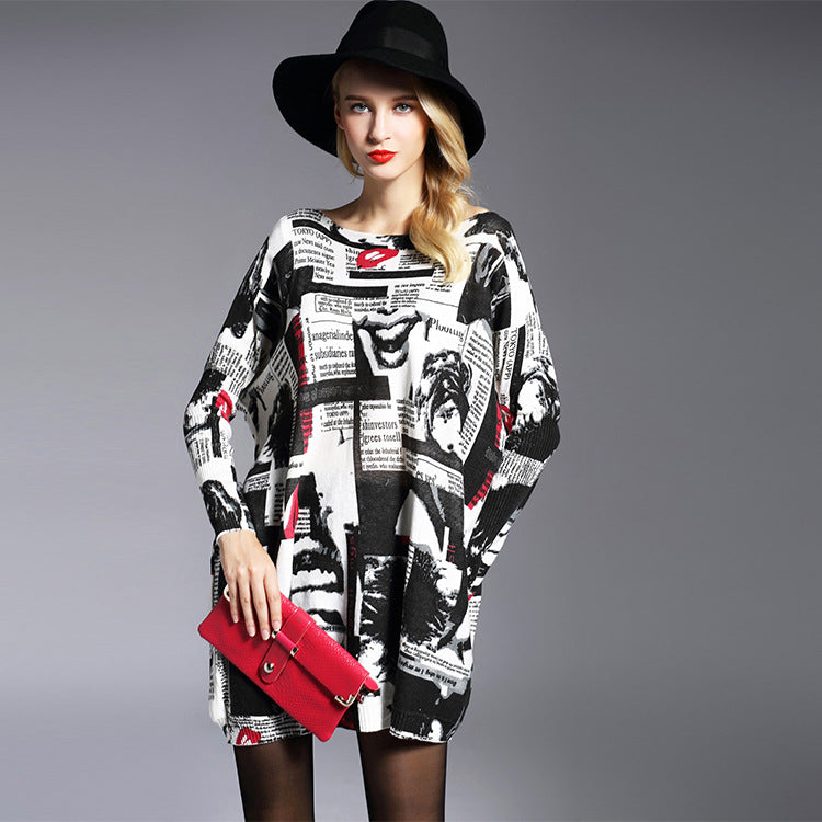 Chic Lip Print Oversized Knit Sweater for Women