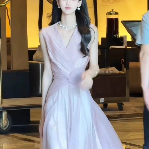 Elegant French Hepburn Sleeveless Knot A-Line Dress
