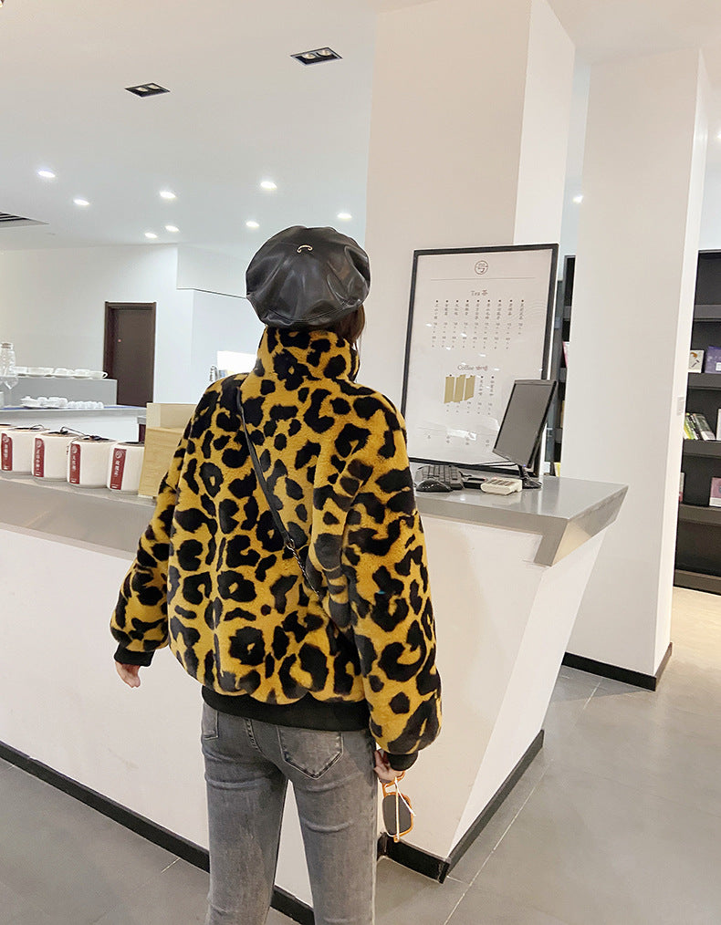 Leopard Print Faux Fur Stitching Women's Winter Sweater