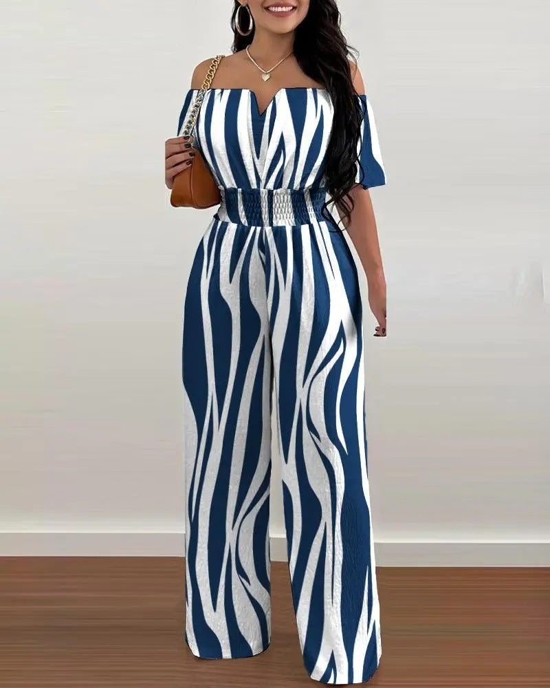 Women's Printed Off-Shoulder Fitted Waist Romper