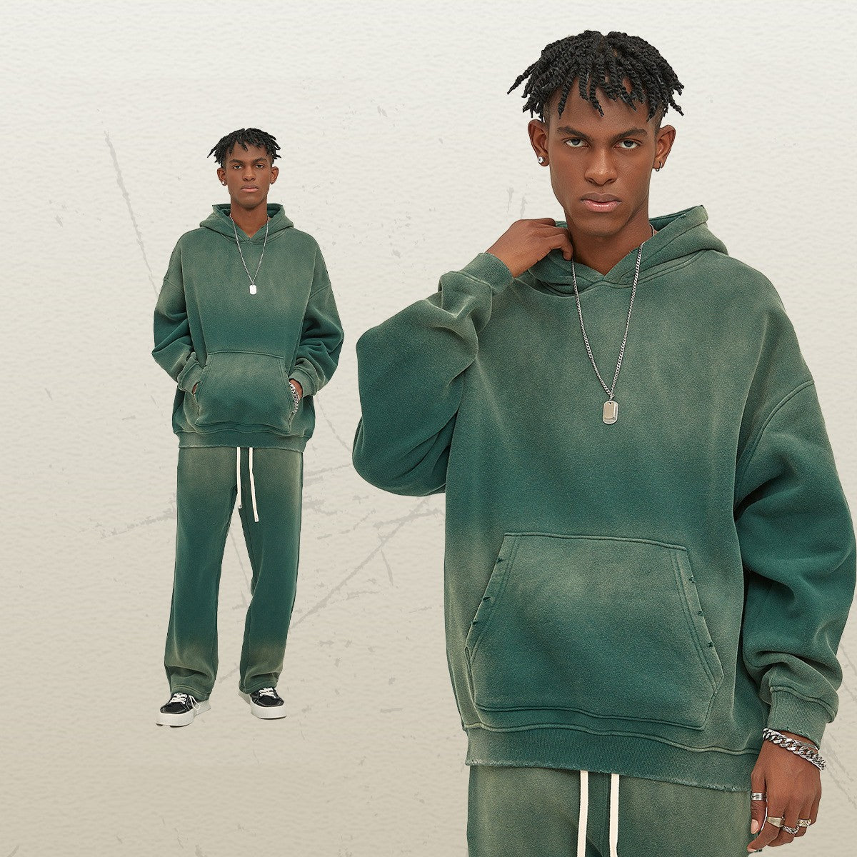 Distressed Fur-Lined Heavyweight Spray-Dyed Hoodie
