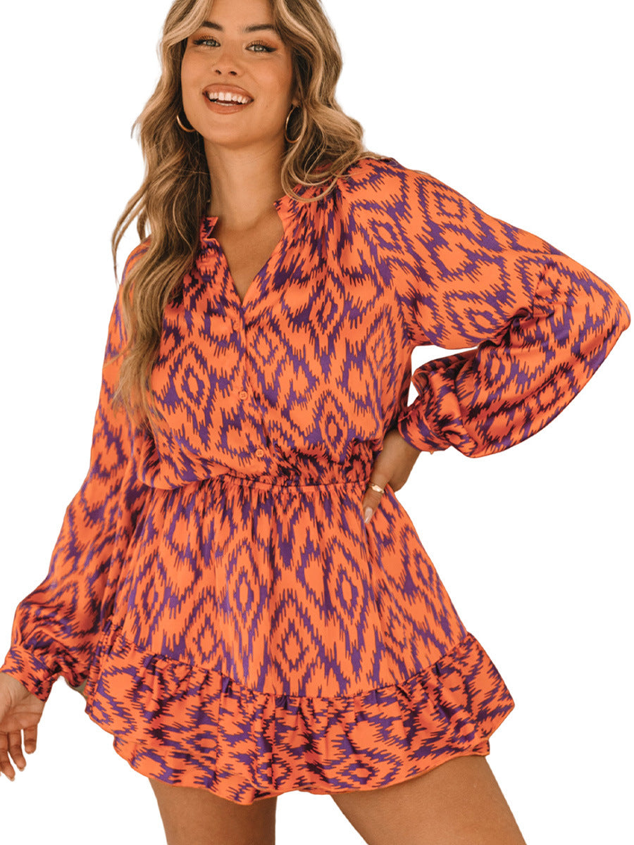 Personalized Design Sense Printed Waist-controlled Jumpsuit Women's Summer New Ruffled