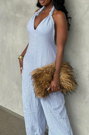 Long Skirt Linen Solid Color Jumpsuit With Belt
