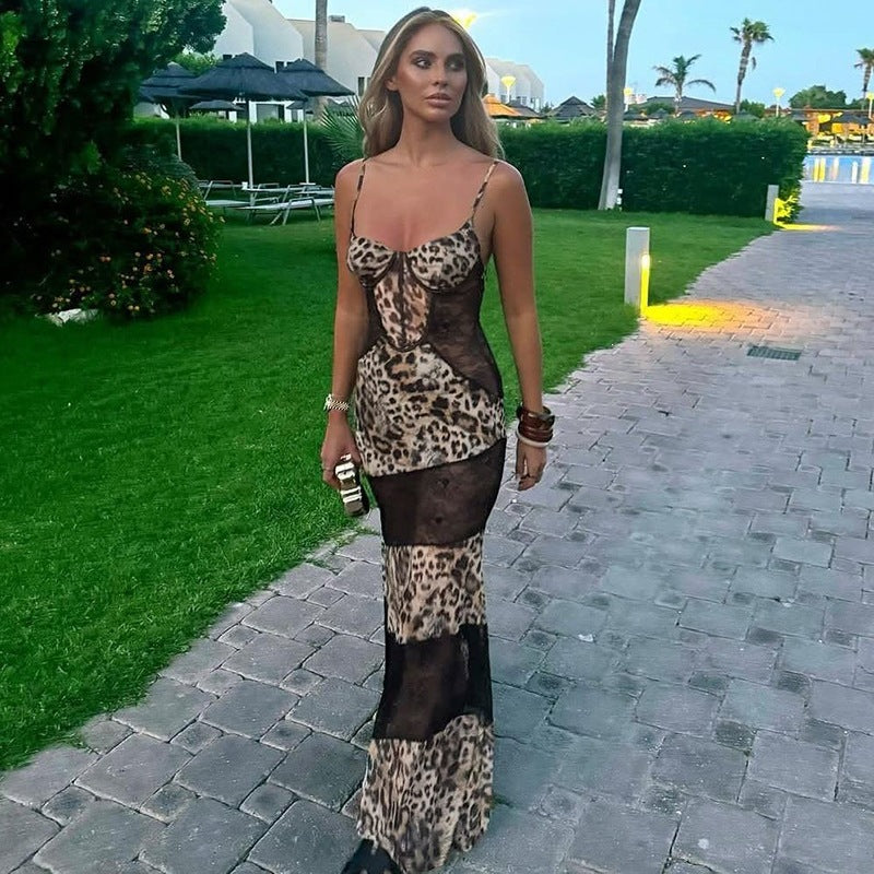 Womens Stylish Strap Dress with Leopard-print Lace Paneling