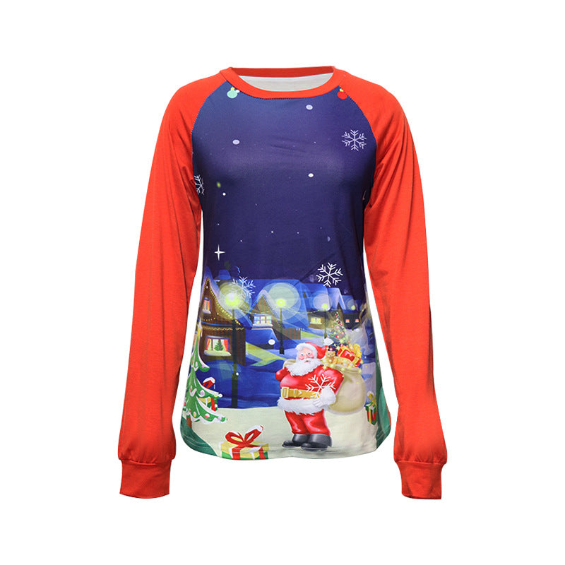Women's Red Contrast Color Old Printed Long-sleeved T-shirt
