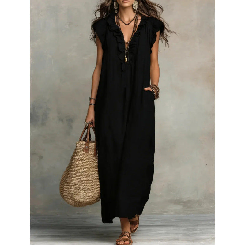 Bohemian V-Neck Flutter Sleeve Maxi Dress