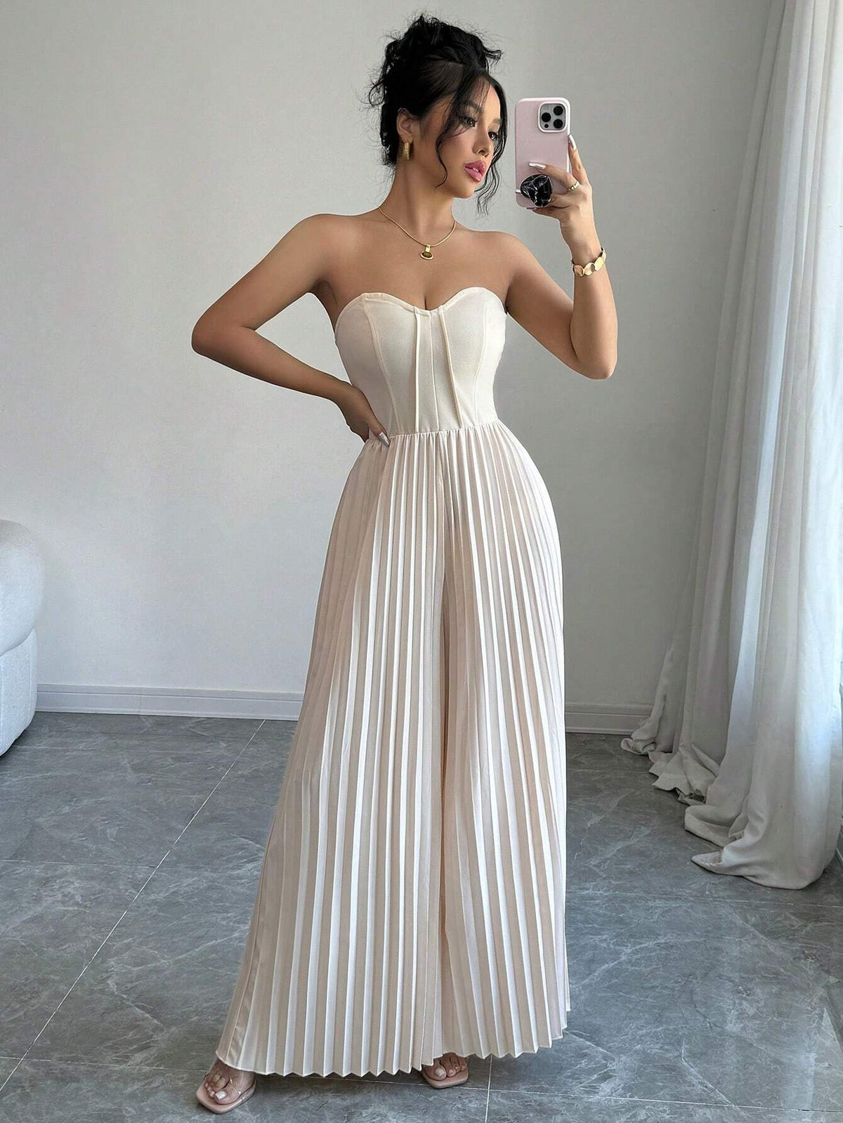 Chic Waist-Cinching Solid Tube Top Jumpsuit