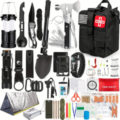 Professional outdoor survival gear kit including fire starter and compass