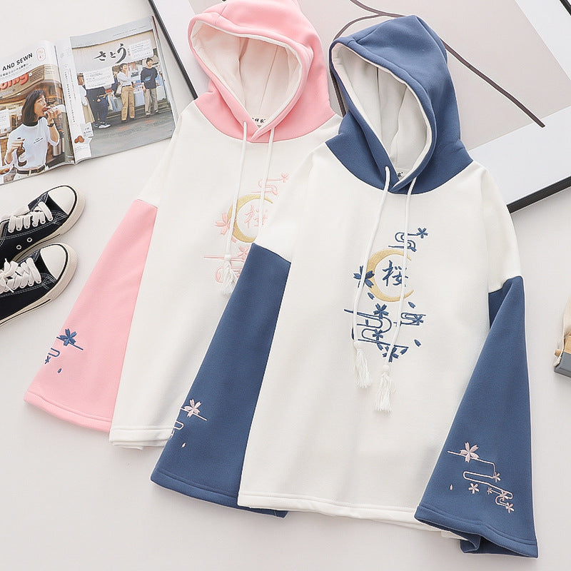 Alphabet Color Matching Sleeves And Velvet Padded Hooded Sweater Women