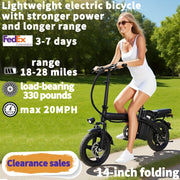 14 Inch Foldable Electric Bicycle, Clearance Sales, 330 Pound Load-bearing Capacity, Max Speed Of 20 MPH, 48V Lithium Battery, Range Of Approximately 18-28 Miles, Portable Folding Design, Outdoor C...