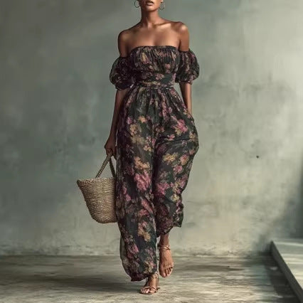 Floral Ruched Puff Sleeve Jumpsuit