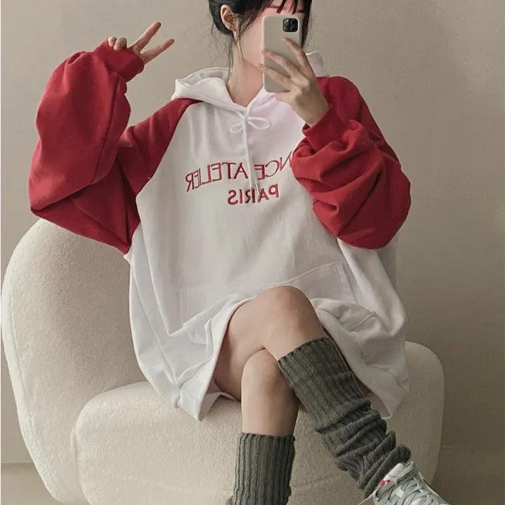 Retro Wine Red Raglan Sleeve Casual Cotton Sweater