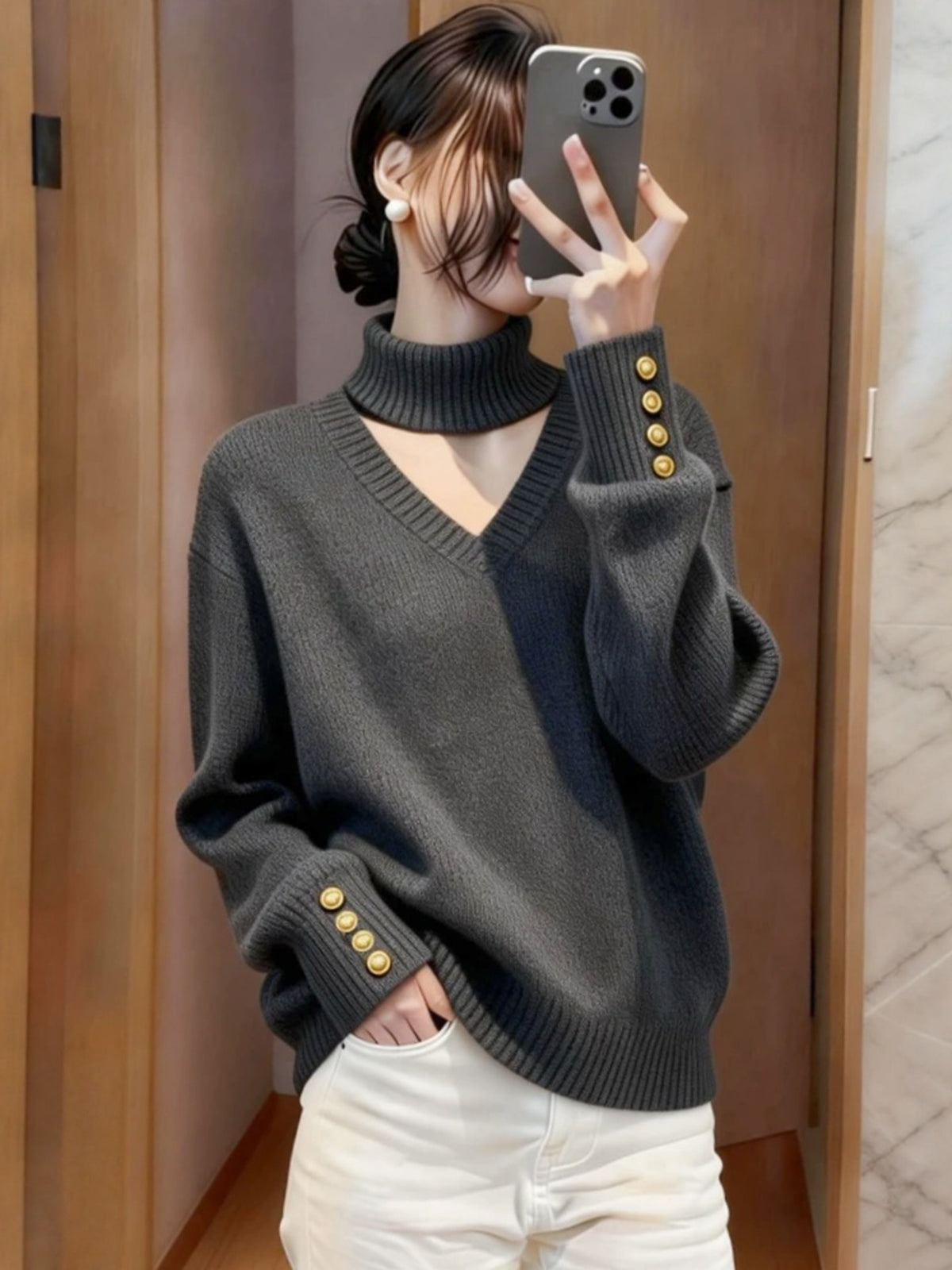 Necklace-style V-neck Knit Sweater for Women