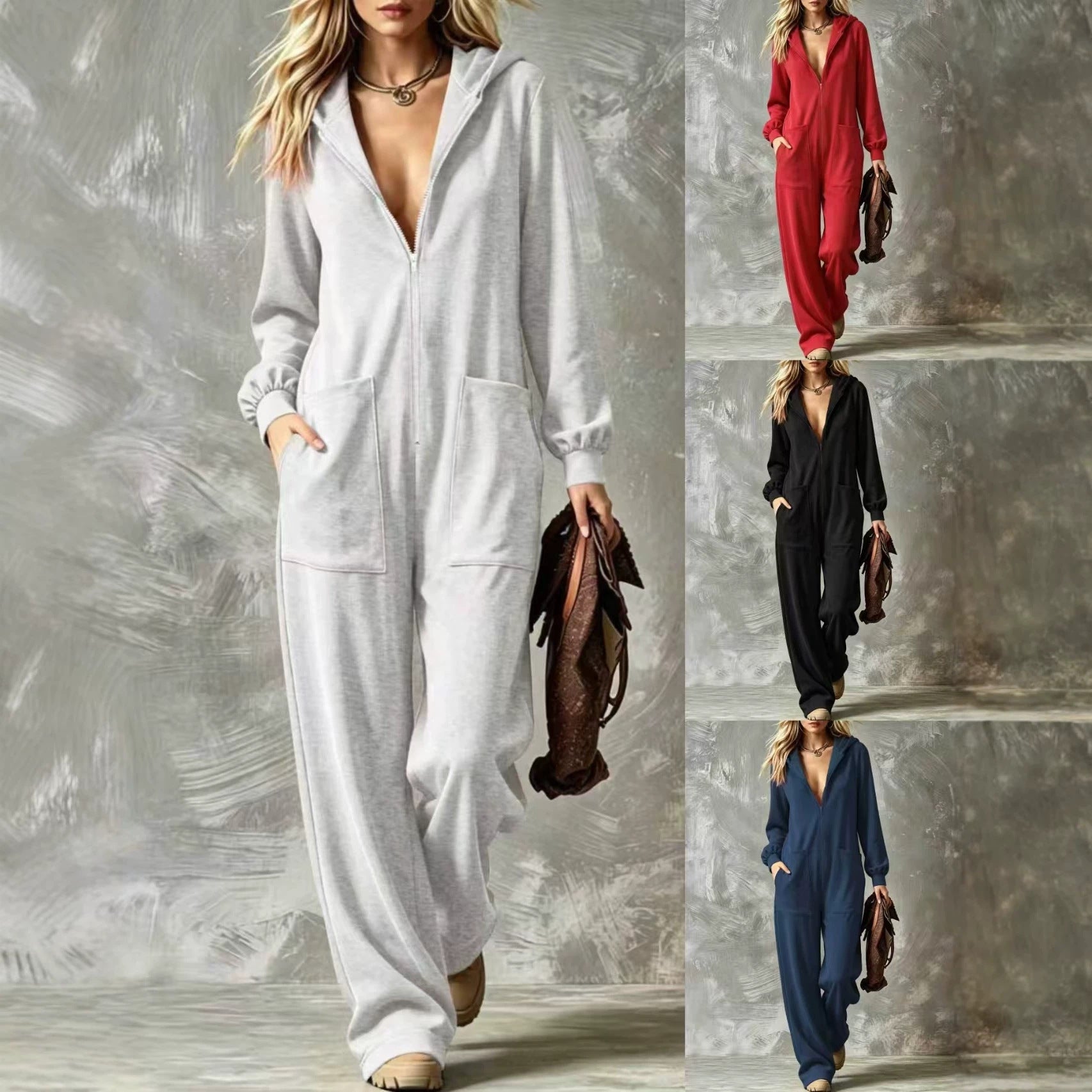 Casual Hooded Full-Zip Jumpsuit Sweatpants