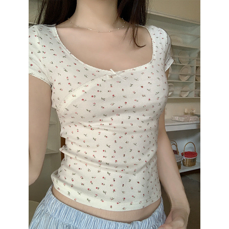 Floral Bow Short-Sleeve Scoop Neck Tee