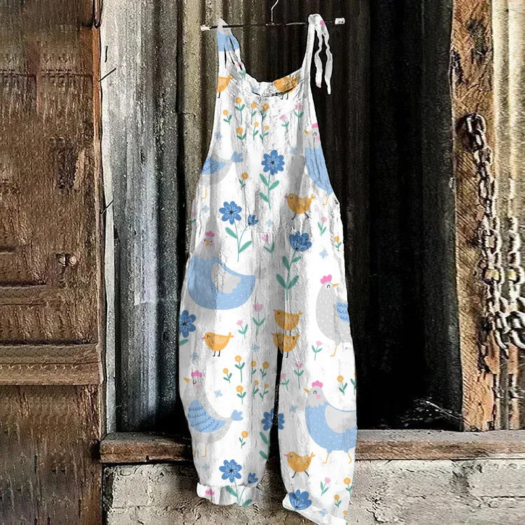 Vintage Print Sleeveless Wide Leg Jumpsuit