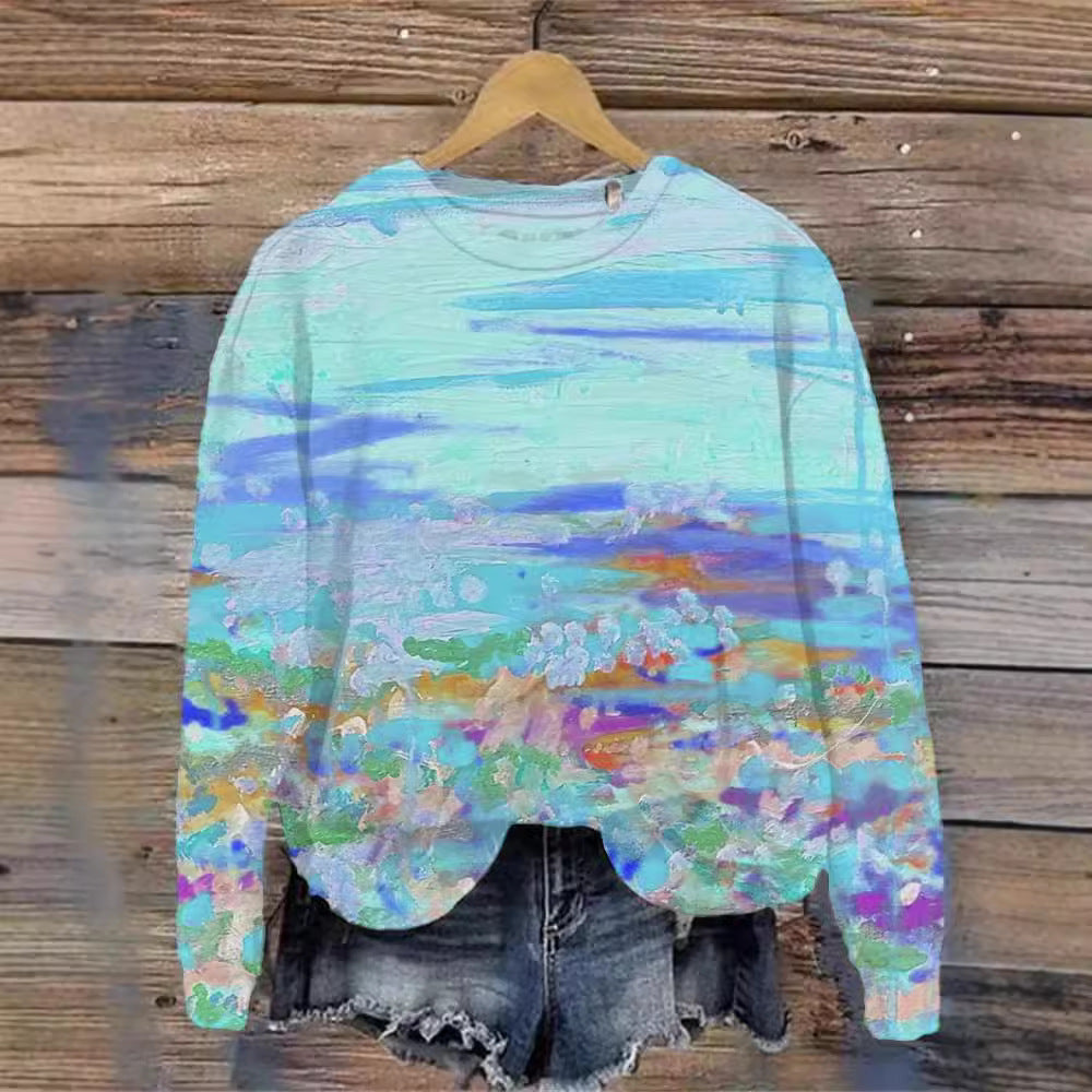 Women's Printed Crew Neck Casual Pullover Sweatshirt