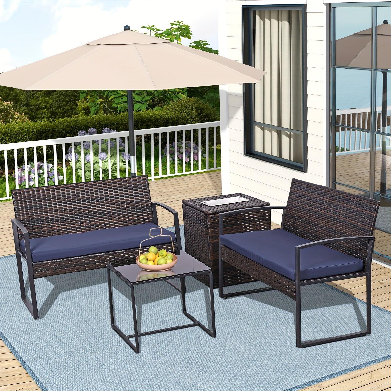 4pcs Outdoor Patio Furniture Set, Rattan Conversation Set Patio Sofa, Storage Box with Built-in Beverage Refrigeration Ice Bucket Box, Outdoor Coffee Table for Garden, Balcony, Porch