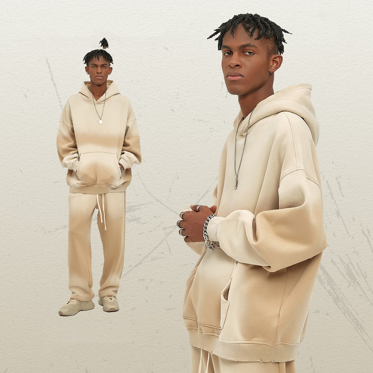 Distressed Fur-Lined Heavyweight Spray-Dyed Hoodie