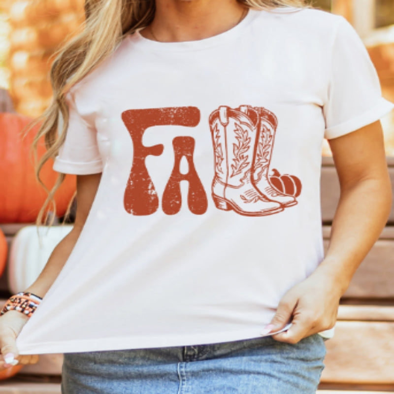 Bold White Graphic Tee for Fall Boots Style