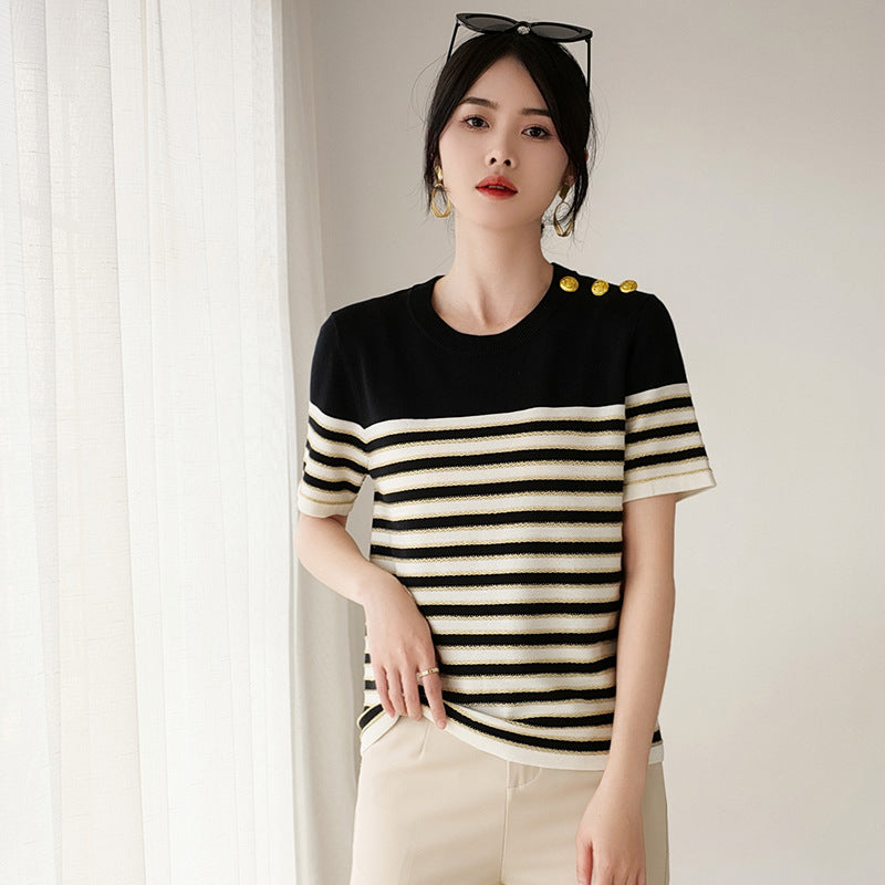 Knitted Short-sleeved Loose Striped T-shirt - image 2