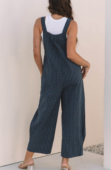 Sail Blue Plaid High-Waist Pocketed Overall Jumpsuit