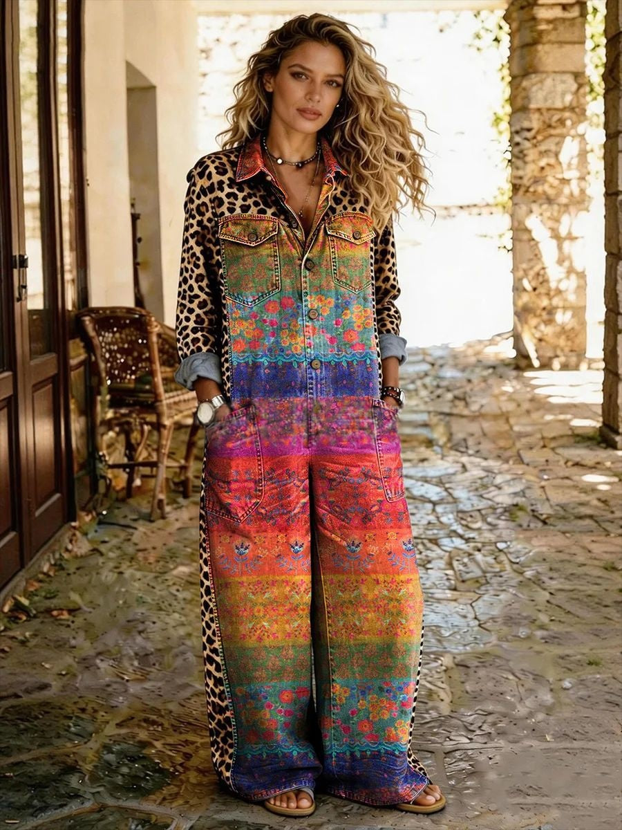 Chic Printed Long-Sleeve Lapel Jumpsuit
