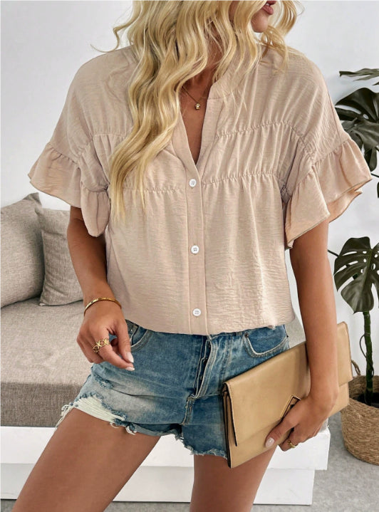 Women's Fashionable Simple Solid-Color Shirt, Perfect For Daily Summer Wear,Short Sleeve Tops