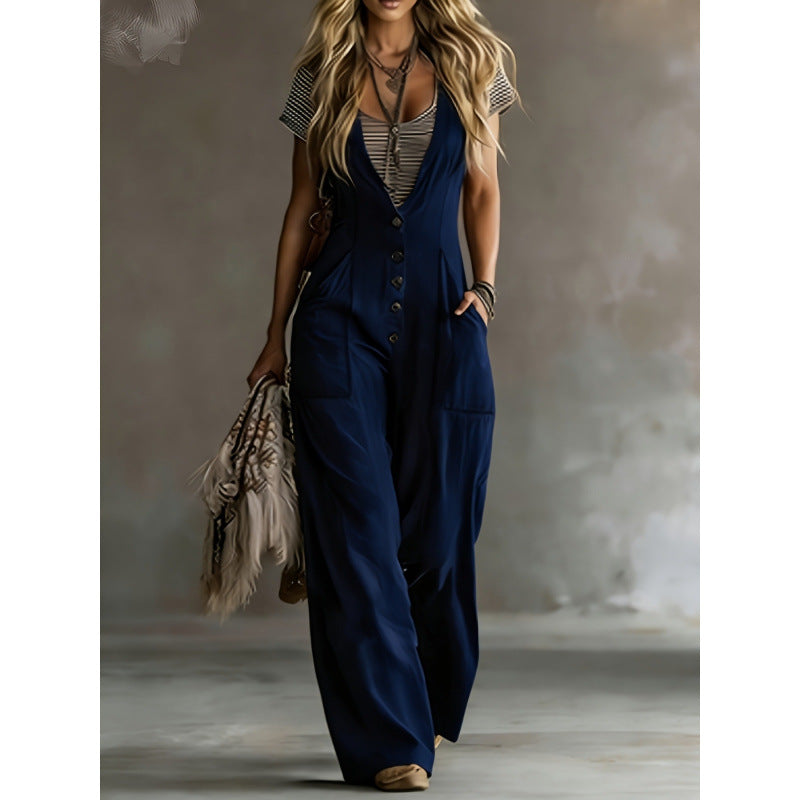 Women's Casual Minimalist Sleeveless Wide-Leg Jumpsuit with Pockets
