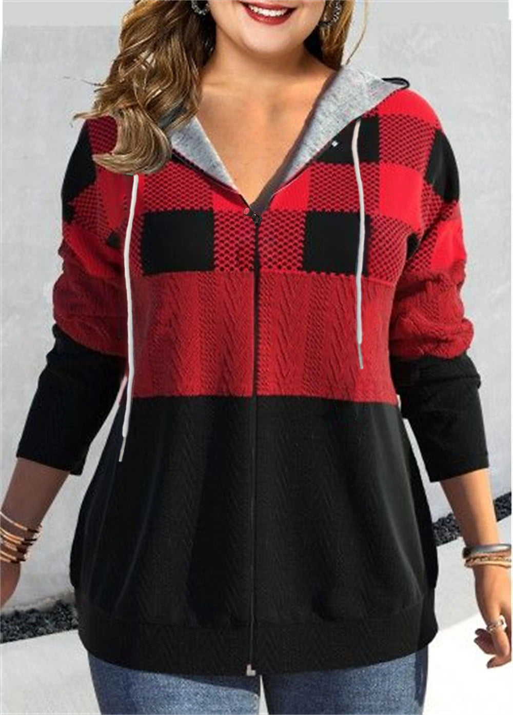 Women's Plaid Hooded Zipper Cardigan Sweater