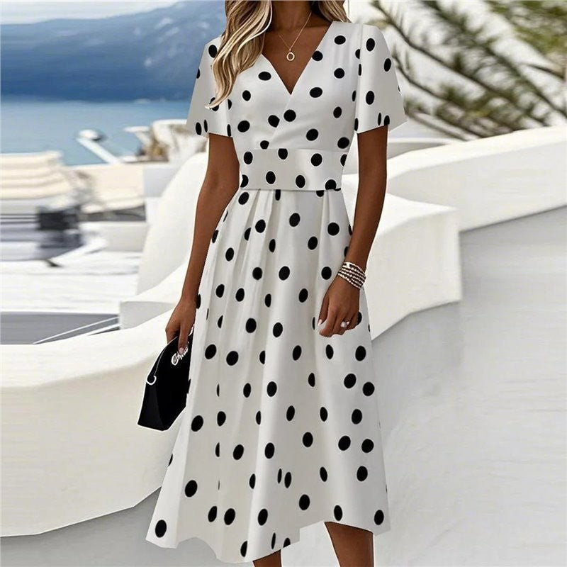 New Floral 3d Digital-print V-neck Short-sleeve Dress
