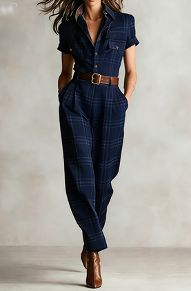 Vintage Plaid Lapel Short-sleeve Waist-cinched Utility Jumpsuit