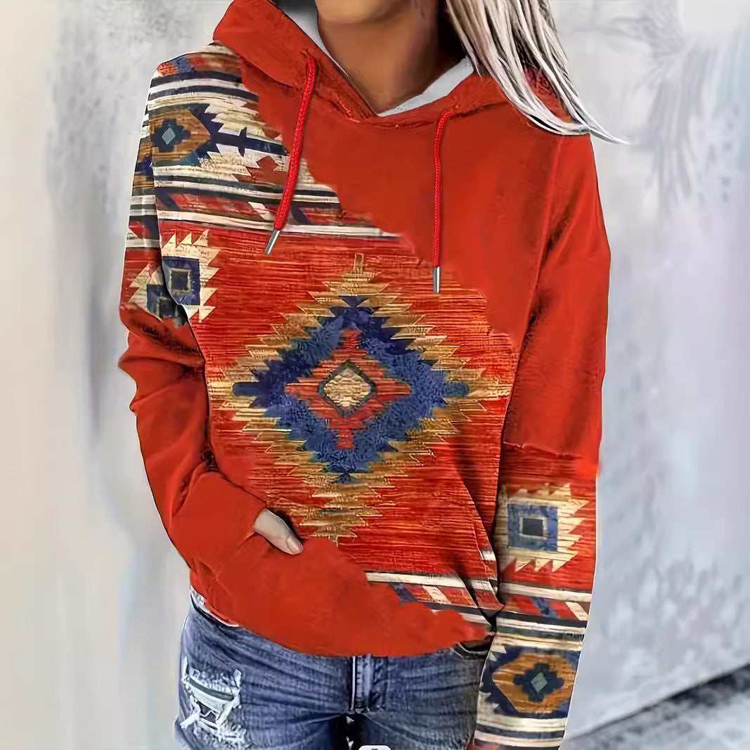 Boho Ethnic Print Loose Fall Winter Hoodie