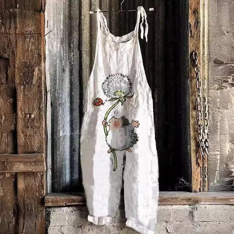 Women's Cotton Linen Suspender Trousers Printed Suspenders Casual Jumpsuit