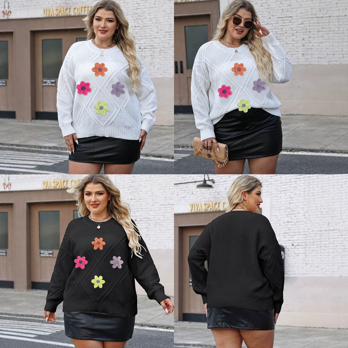 Autumnwinter Quilted Padded Sweater with Three-dimensional Colored Flowers